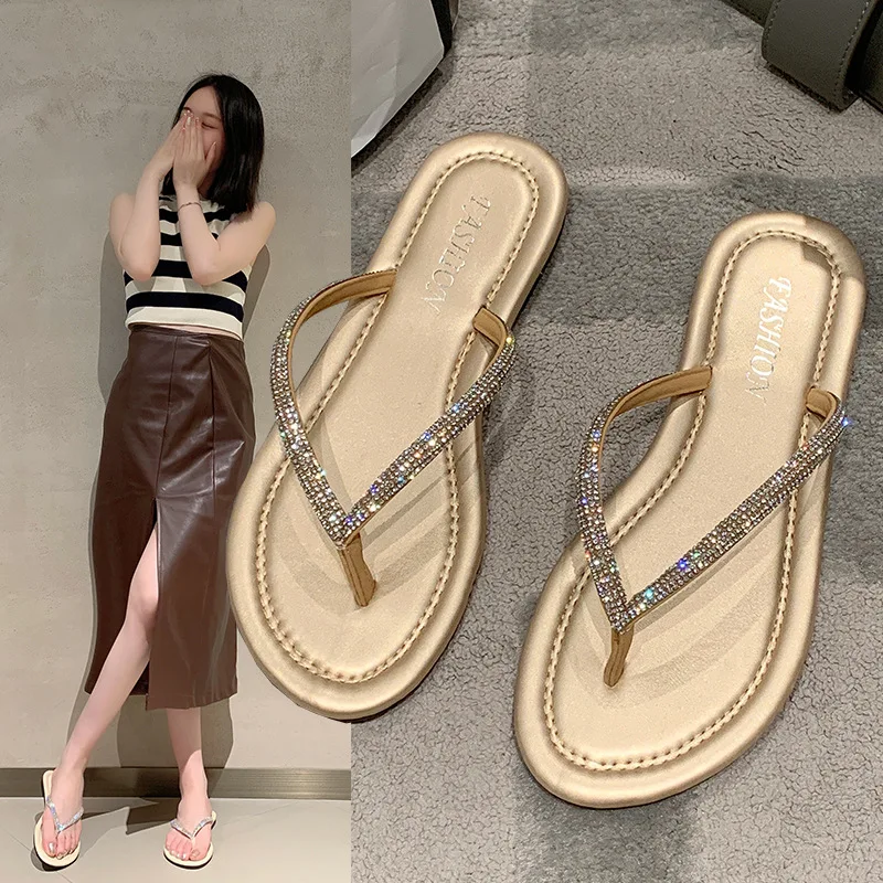 

Shiny Flat Rhine-drill Flip-flops 2023 New Breathable Skirt Outdoor Lazy Modern Slippers Oversize 35-43 Yards Beach Shoes Summer