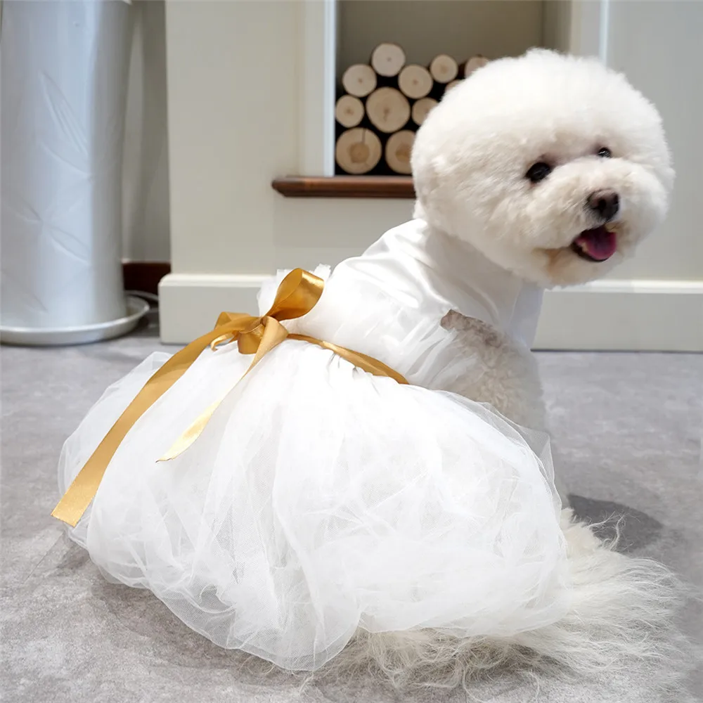 

OIMG Pure White Gold Ribbon Pet Wedding Dress Chihuahua Pomeranian Dog Skirt Cat Dress Dog Dress Suitable For Wedding Birthday