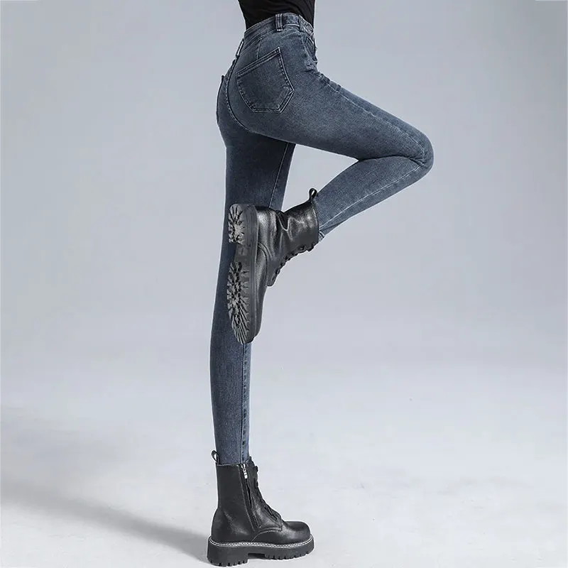 Korean Blue Skinny Pencil Jeans Women Design Vaqueros High Waist Ankle-length Pantalones Adjustable Buttons Stretch Denim Pants