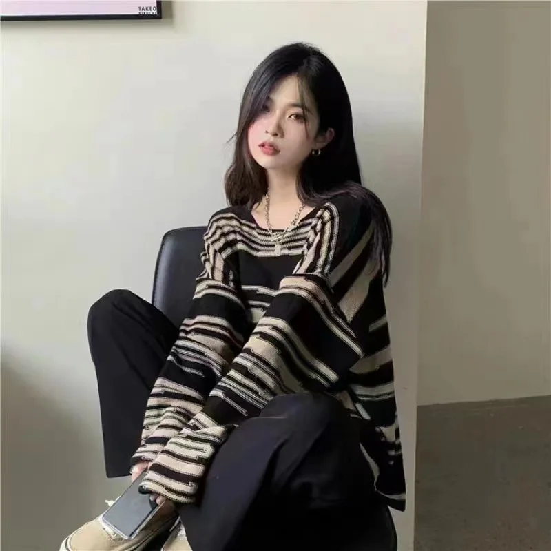 

Vintage Striped Sweater Women Autumn Winter Long Sleeve Knitted Pullovers Female Korean Fashion Hip Hop Casual Loose Y2k Jumpers