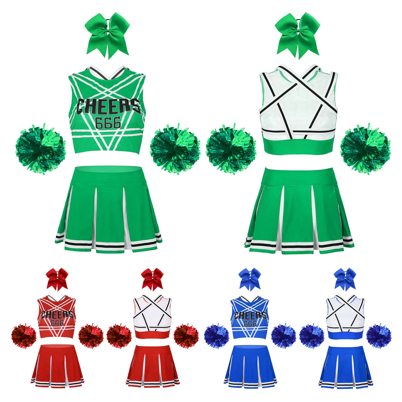 Adult Cheerleader Costume Women Schoolgirls Cheerleading Uniform Cheer Dance Outfit Top Mini Pleated Skirt Headwear Flower Balls