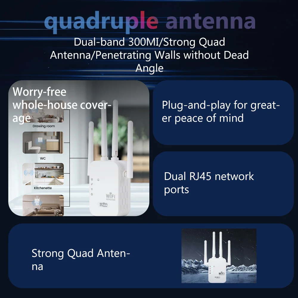 Roteador wi fi 300m Repetidor Wifi Plugues da ue Padrões Antenas 2.4g5g Extensor de Amplificador de Sinal de Rede sem Fio de Dupla Frequência Aprepetidor Modo Duplo com Portas Rj45 Duplas - Imagem 6