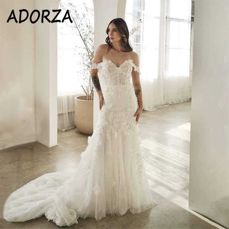 

ADORZA Wedding Dress Exquisite Lace Appliques Sweetheart Bridal Gown Off-the-shoulder Court Train Vestido De Noiva for Bride