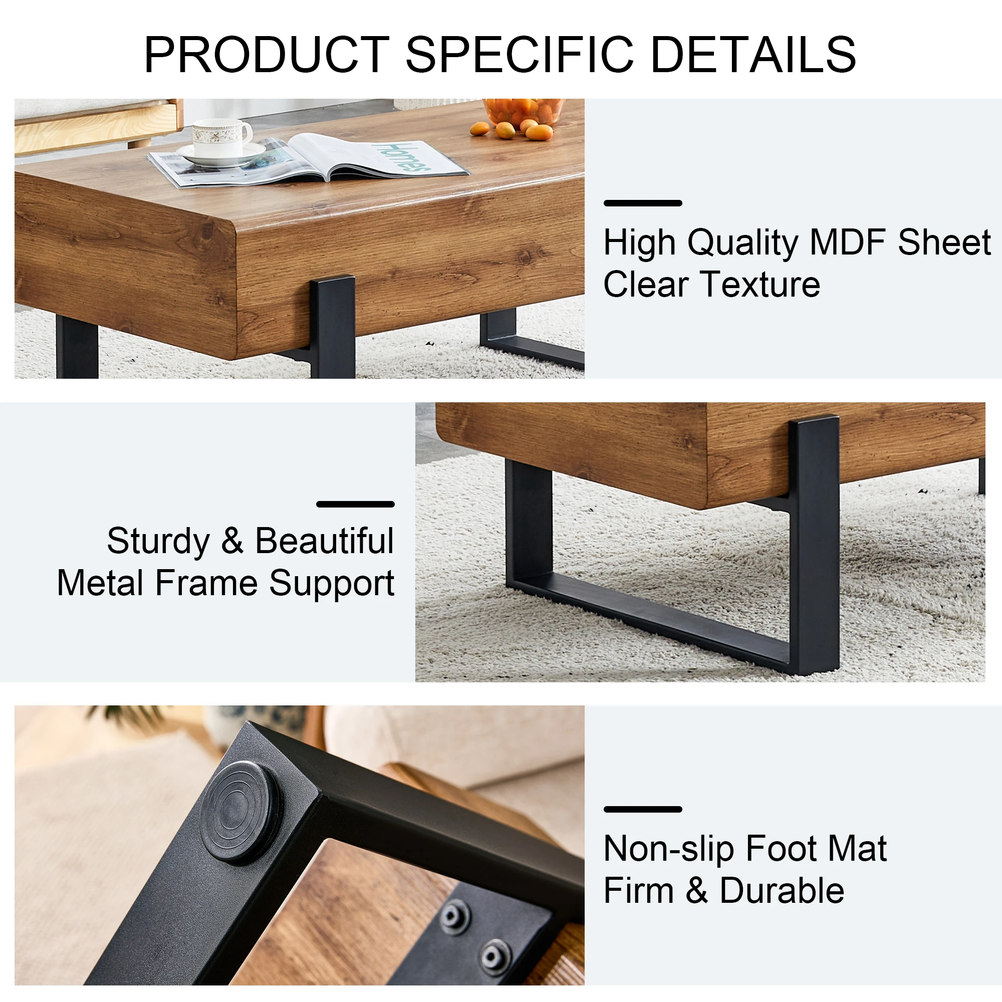Rustic MDF Coffee Table With Metal Legs-Natural Wood Tone Elegance For Your Space Suitable For Living Room Sofa Table