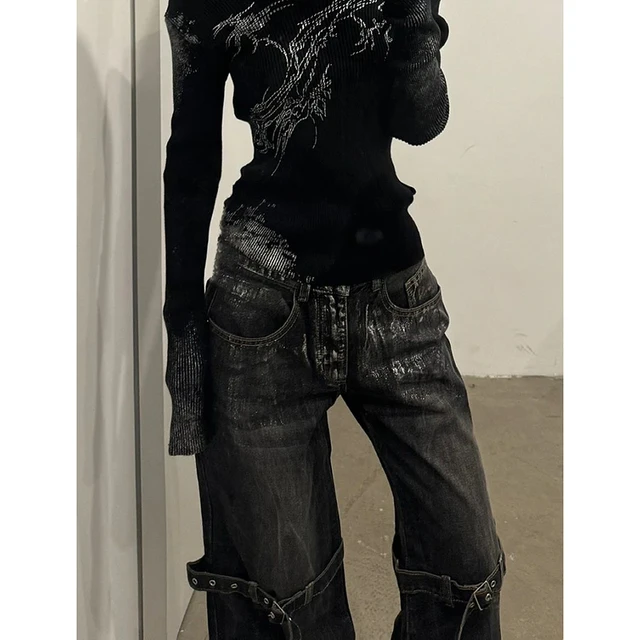 Jean noir taille haute pour femmes, pantalon droit Hip Hop à la mode, Streetwear Harajuku Y2K Star 2024, pantalon en Denim à jambes larges 5