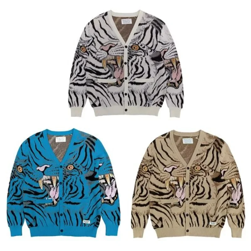 

High quality 1:1 V-Neck WACKO MARIA Button Cardigan Sweater Men Women Oversized Tiger Jacquard Kanye West