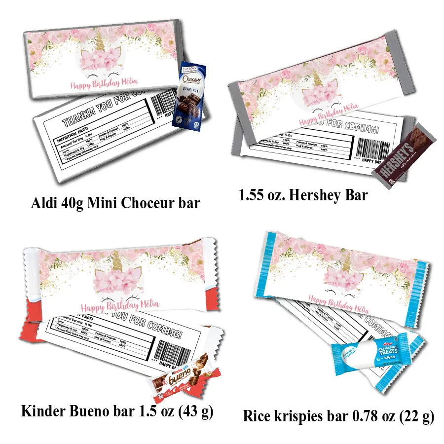 Pink Floral Unicorn Hershey Kinder Bueno Mini Choceur Chocolate Bar Etichette Rice Krispies Bar Wrapper Sticker Party Favor Decor