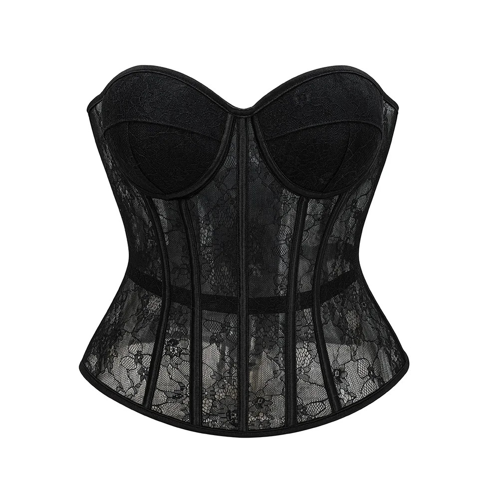 Damen Overbust-Korsett-Top Schwarz mit Blumenmuster Spitzen-Bustier Eingebaute Formkörbchen Rückenverschluss Stahlkorsett Vintage Shapewear Korsett – Detail 2
