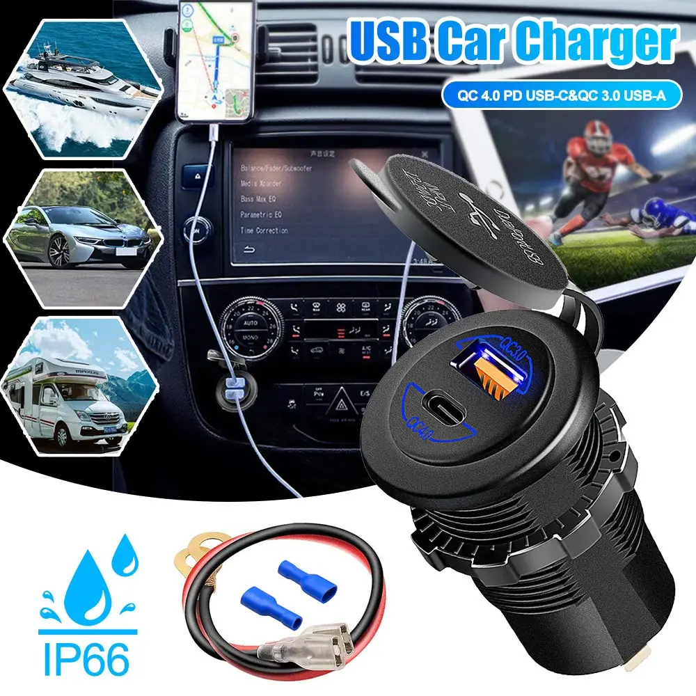 

1pcs Waterproof 12V QC4.0 USB C PD 60W QC3.0 Quick Car Charger Socket Suitable for Cars Boats and RVs