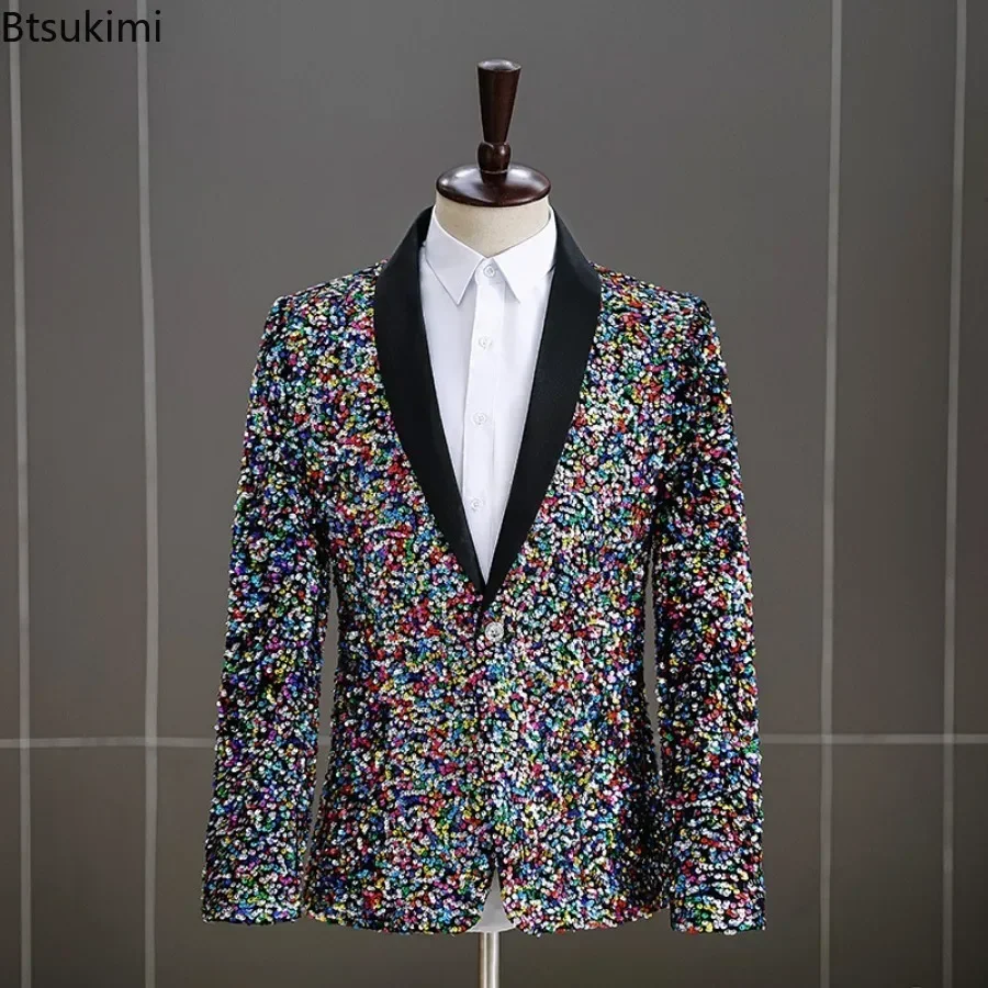 Men's Sequins Suit Jacket White Green Stage Performance Host Wedding Party Male Blazer Single Button Fashion Man Suit Coats