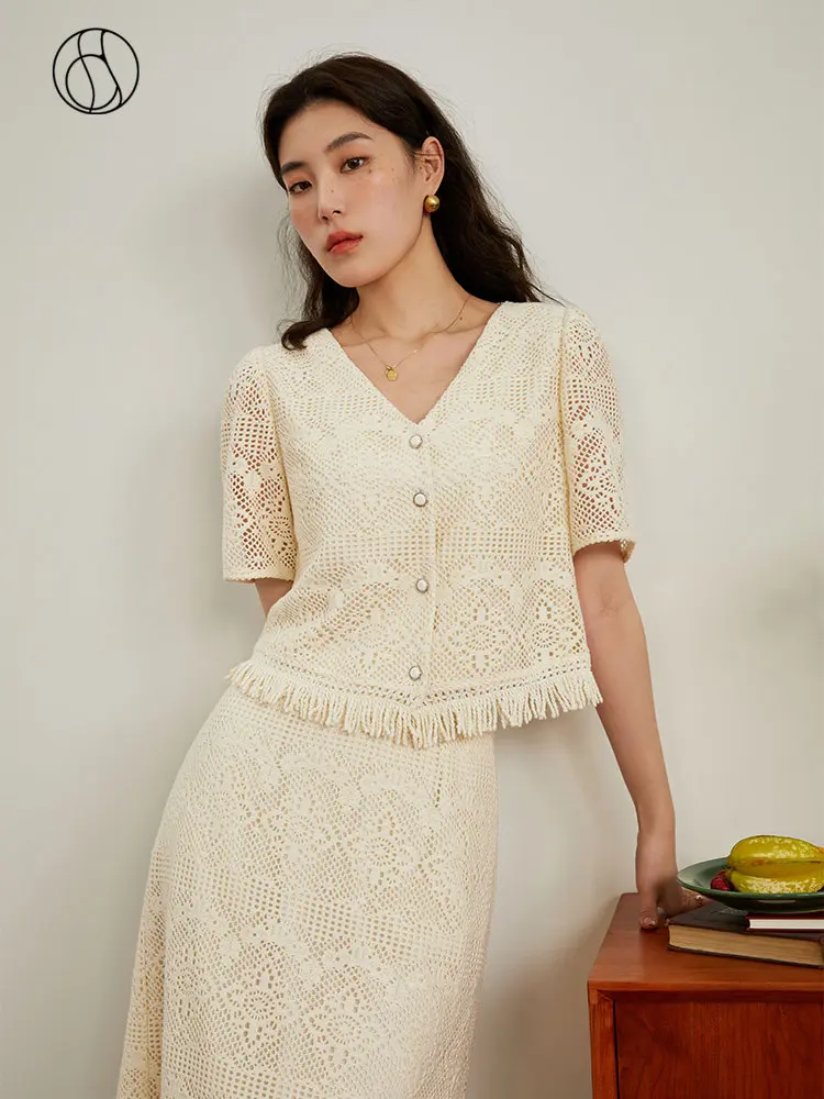 dushu v neck high luxury commuter shirt autumn 2023 new slim womem tops for women light yellow blue women shirt for women DUSHU Advanced Design Lace Holiday Style French Two Piece Dress Summer New 2023 Fashion Set For Women Light Yellow Women Set