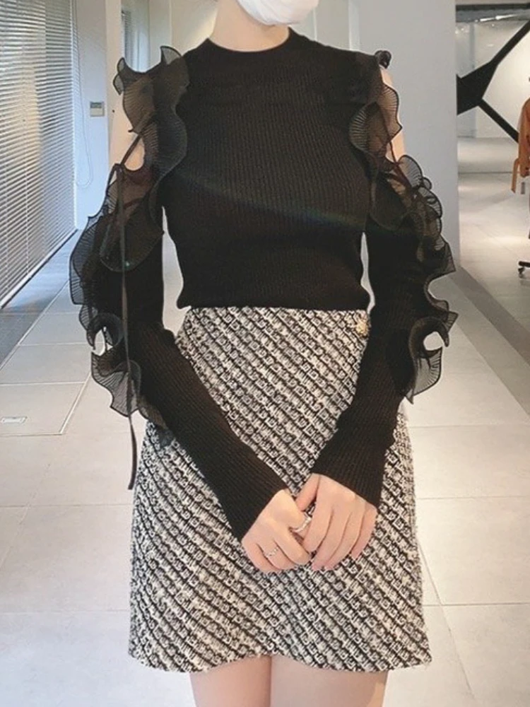 

Японский осенний элегантный эластичный тонкий трикотажный пуловер с круглым вырезом, привлекательный женский джемпер с длинным рукавом и шнуровкой