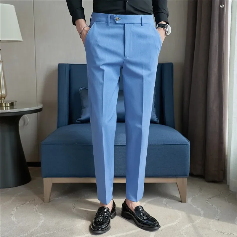 2024 Autumn Men Blue Suit Pants Casual Elastic Slim Fit Formal