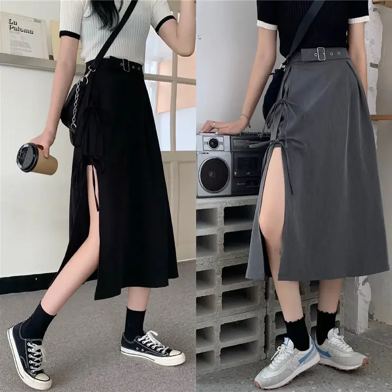 

Vintage Dark Gothic High Split Mid-Calf Skirts Women Elegant Fashion Party Club High Waist Femme Bottom Streetwear Goth Skirt