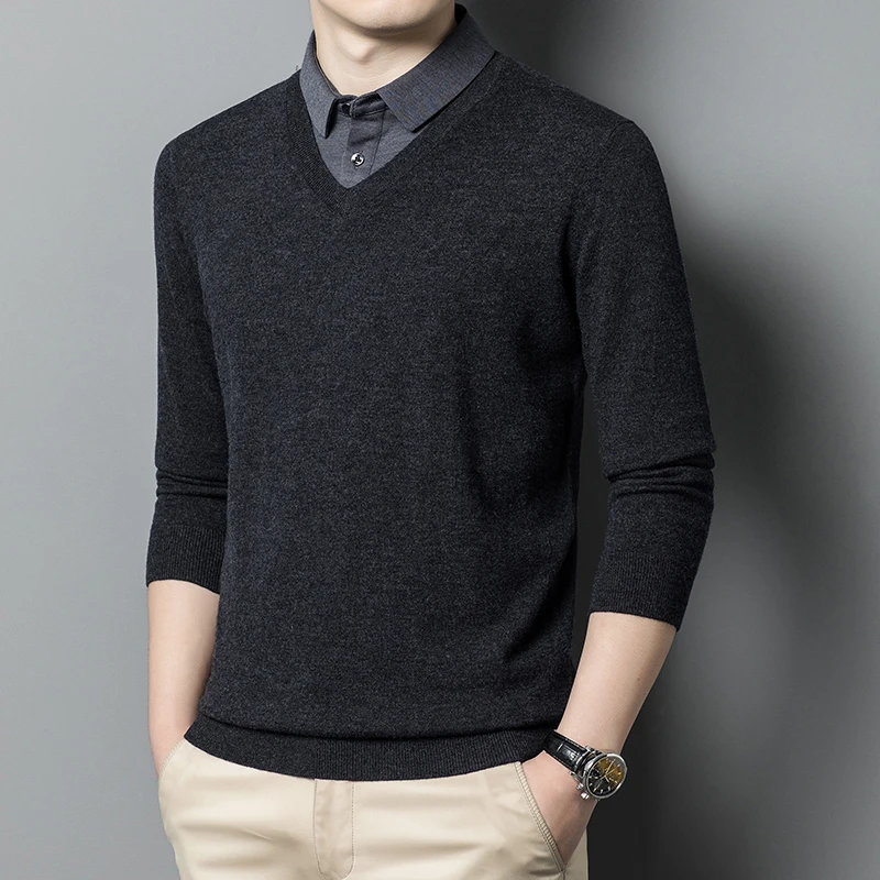 

Spring and Autumn New Brand Men's Sweater Fake Two Pieces 100% Pure Wool Casual Fashionable Warm Sweater
