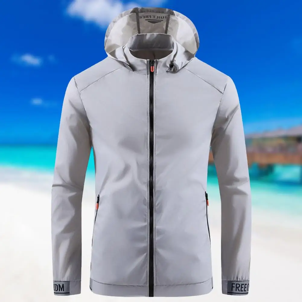 

Men Jacket Zip Placket Removable Hat Delicate Texture Long Sleeves Casual Anti-UV Stand Collar Hooded Fishing Outdoor Coat