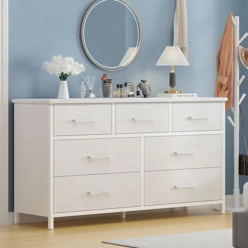 

7 Drawer Dresser, Industrial Wood Storage Dressers & Chests of Drawers with Sturdy Steel Frame, White Dresser for Bedroom