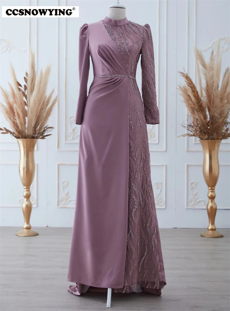 

Satin Appliques Muslim Evening Dresses Long Sleeve A Line Hijab Islamic Formal Party Gown Women Arabic Dubai Robe De Soiree