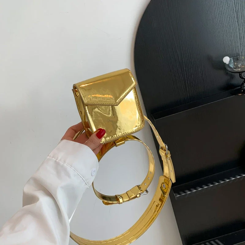 thumbnail image 1 of Riñonera de metal brillante con espejo estilo motocicleta de gran venta, pequeña bolsa cuadrada, bolsa de pierna desmontable personalizada para mujer, 1 of 5