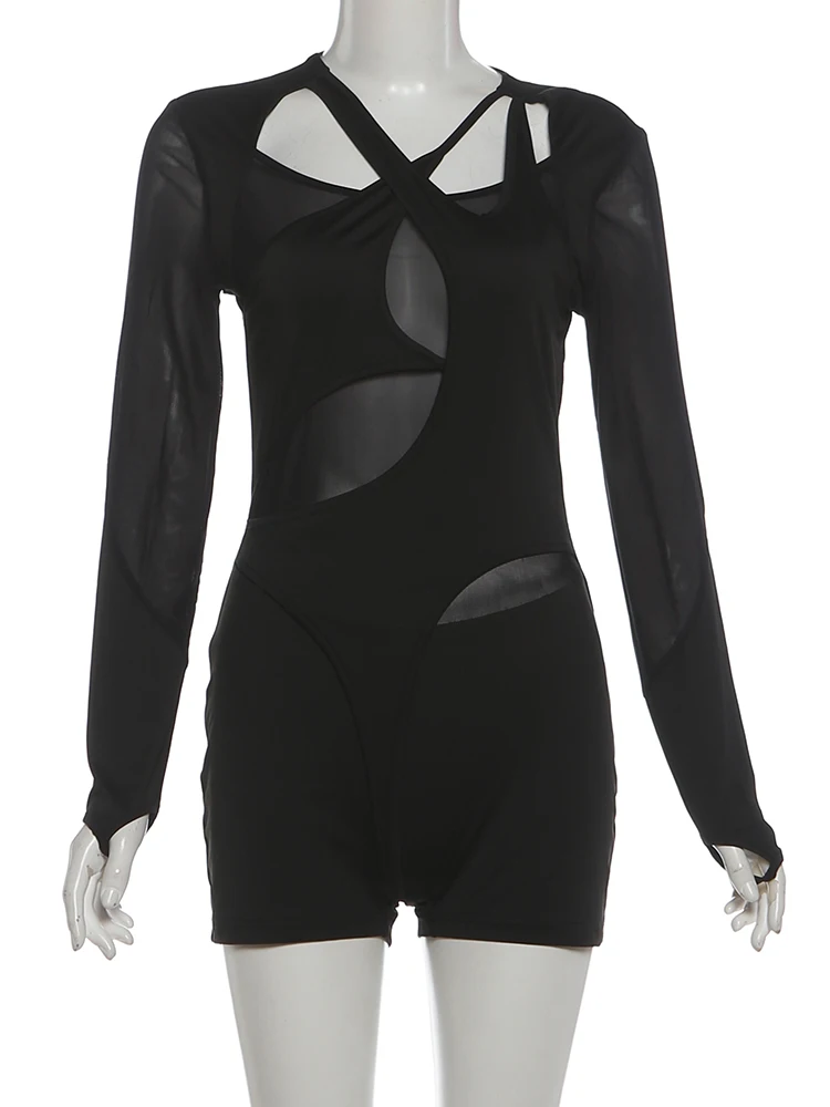 Nibber Mesh Patchwork Sexy Playsuits Women Cross Neck Full Sleeve Fashion Midnight Party Elasticity Skinny Street Wild Outfits