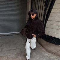 Fashion Dark Color Suede Fabric Stand Up Collar Jacket Women Causal Waist Cinched Broad Shoulder Coat Autumn High Street Outwear 3