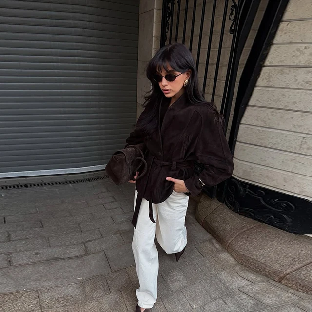 Fashion Dark Color Suede Fabric Stand Up Collar Jacket Women Causal Waist Cinched Broad Shoulder Coat Autumn High Street Outwear 3