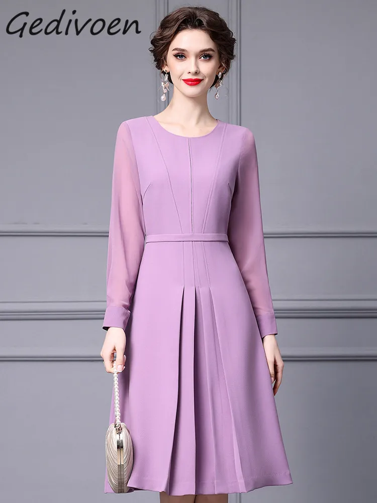 

Осеннее модное дизайнерское платье Gedivoen, женское элегантное платье с круглым вырезом и длинным рукавом, облегающее Плиссированное длинное платье с высокой талией
