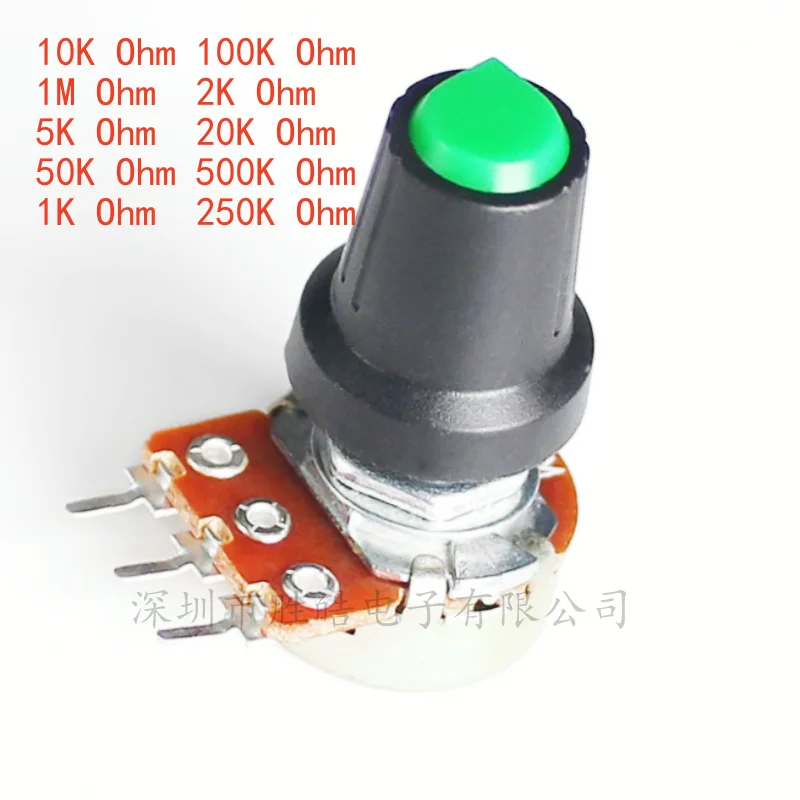 (5PCS) WH148 Potentiometer 15mm With Green 3pin 1K 2K 5K 10K 20K 50K 100K 250K 1M AG2 Knob Cap Linear Potentiometers Kit