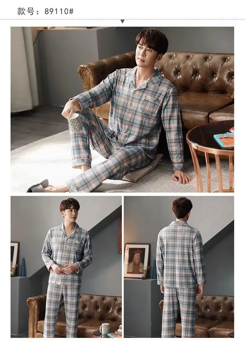 cotton pj set Autumn Men's Pure Cotton Pajamas Sets Plus Size L-4XL  Sleepwear Casual Sleep&Lounge Long Sleeve Long Pants Pyjamas Homewear mens brushed cotton pyjamas