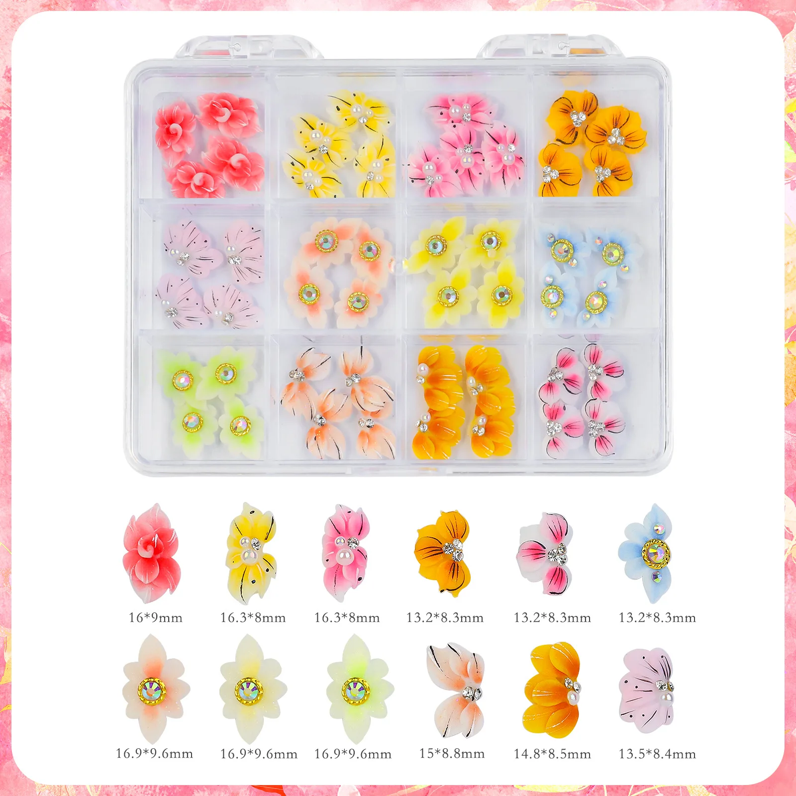 48Pcs 3D Nail Art Flower Decorations with Rhinestones and Pearls