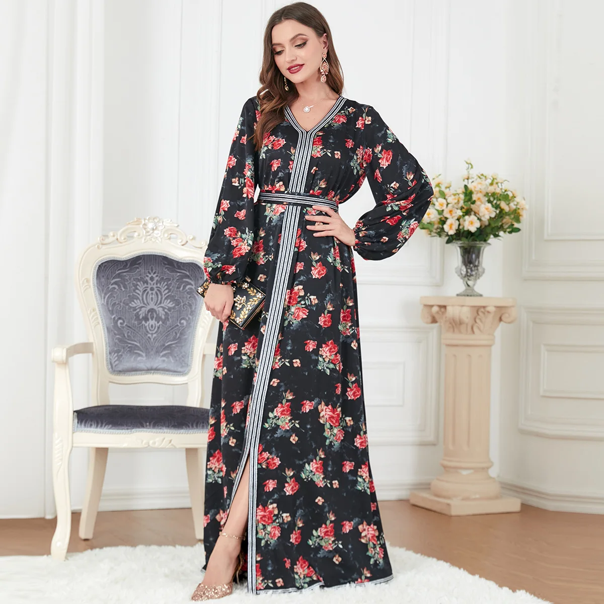 Elegant V Neck Floral Print Dress Ladies 2023 Spring Long Sleeve High Waist Casual Dresses for Women with Belt Muslim Ramadan