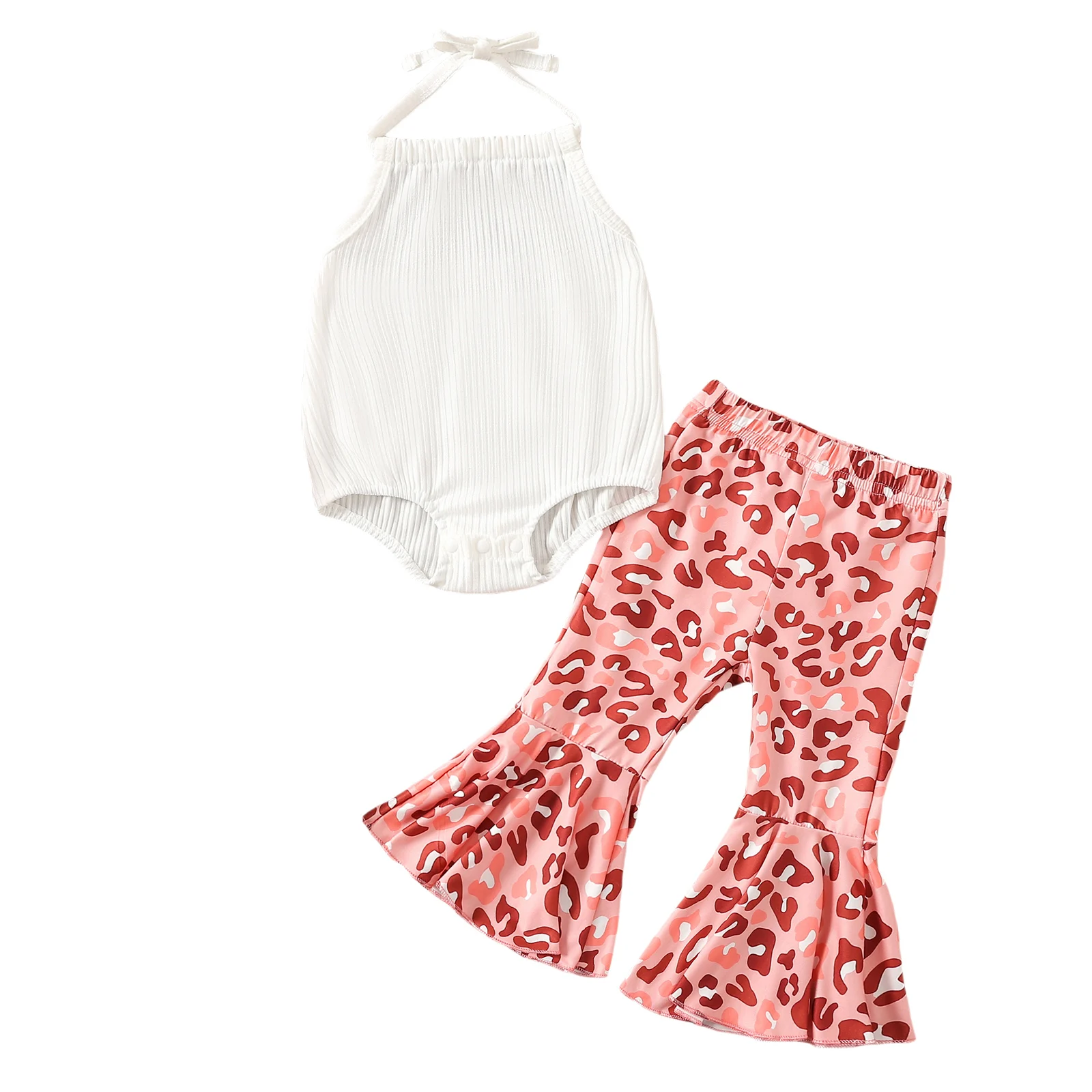 

2022-04-02 Lioraitiin 0-24M Newborn Baby Girl Clothes Set Solid Ribbed Knit Halter Romper Leopard/Sunflower Printed Flared Pants