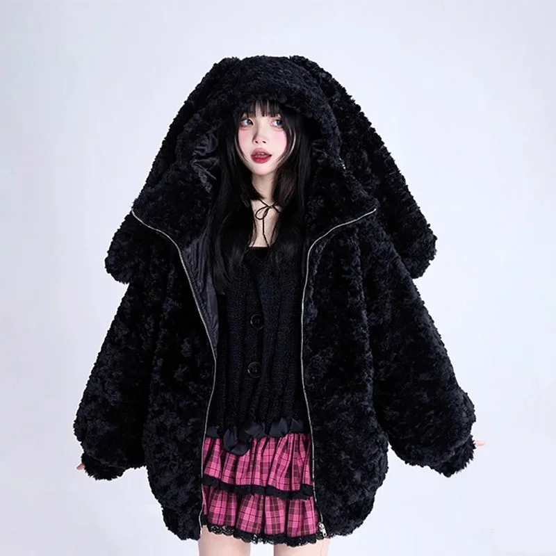 

Sweet Cute Lovely Hooded Rabbit Ears Faux Fur Coat Autumn Winter Warm Soft Slouchy Style Lamb Cashmere Cotton Jacket Hot Sale
