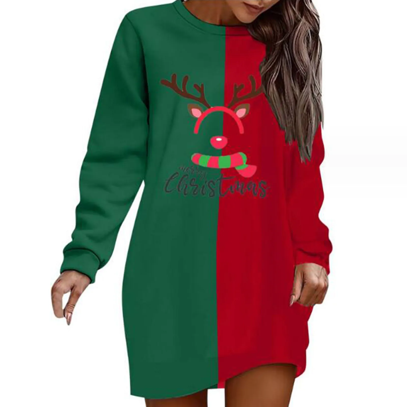 

Sweatshirts for Women Zip Women's Casual Christams Print Green And Red Color Block Round Neck Womens Workout Hoodies Pullover