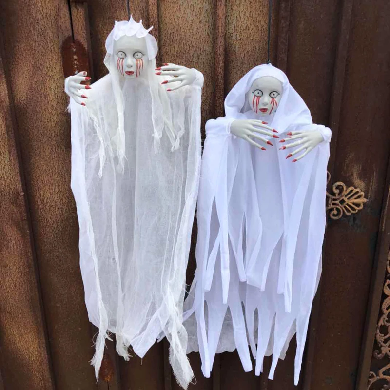

New Halloween Ghost Doll Crying Blood Female Hanging Nun Red Nail Horror Trick Scary Haunted House Chamber Props White Terror