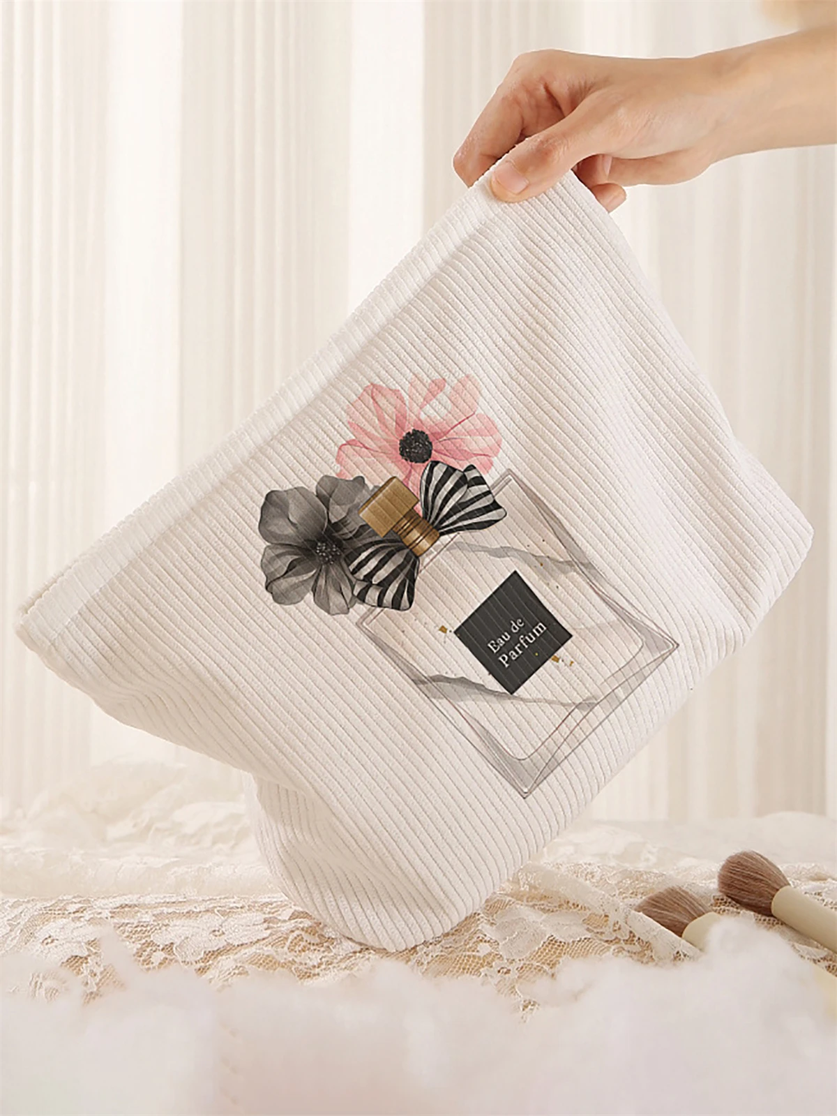 1 corduroy cosmetic bag with perfume pattern, light zipper cosmetic storage box, multi-function bag with lining