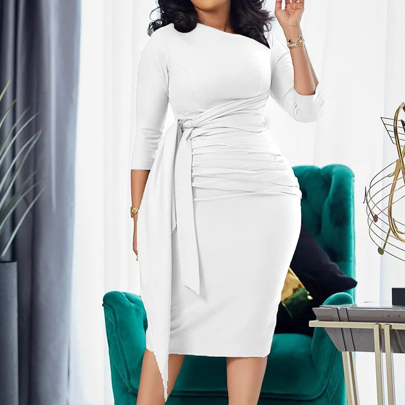 Plus Size Commute Autumn Women's Clothing Oblique Collar Solid Color Three Quarter Sleeve Party Bandage Pleated Bag Hip Dresses