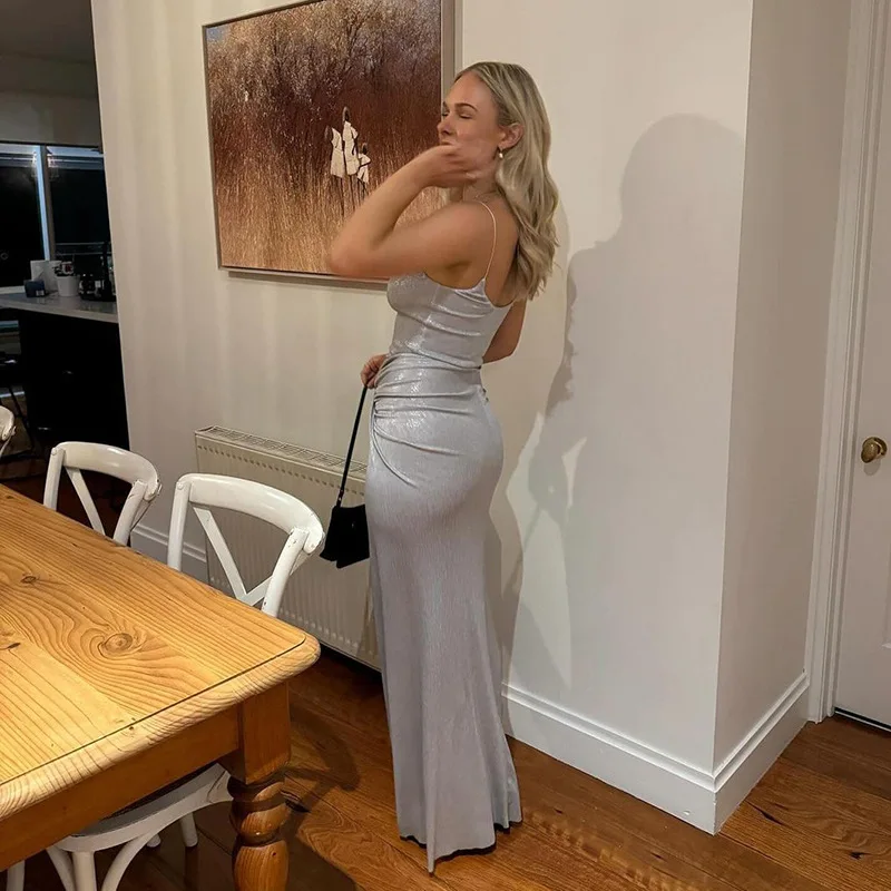Spaghetti Strap Sexy Backless Maxi Dress Outfits Women Elegant Birthday Vestido 2025 New Club Party Ruched Dresses Female