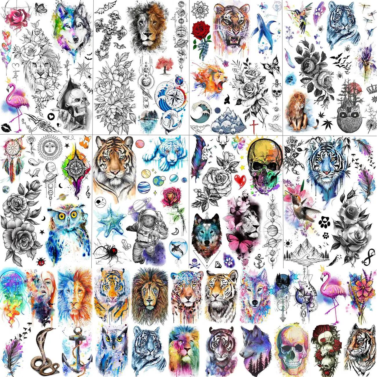 

31 Sheets Colorful Tiger Lion Owl Temporary Tattoos For Men Women Realistic Tattoo Sticker DIY Skeleton Flower Fake Tatoos Kits