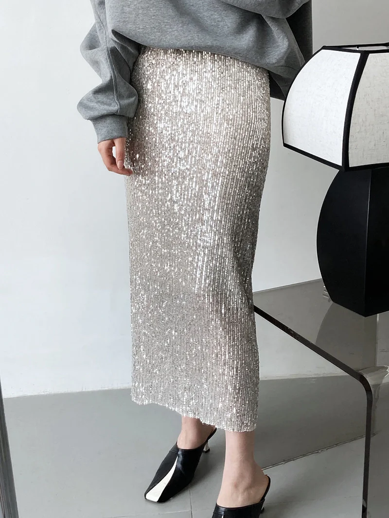 2022 Spring Summer Mesh Sequins Beading Women Skirts High Waist Elegant Solid Mermaid Long Skirts Sexy club Party Bodycon Skirts brown skirt