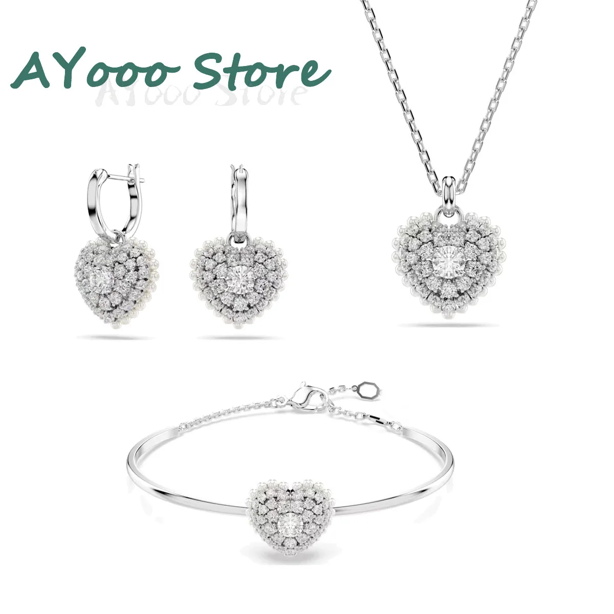 

2024 New Hyperbola Love White Crystal Pearl Necklace Earrings Bracelet Charming Girl Jewelry Set High Quality Gift Band Logo