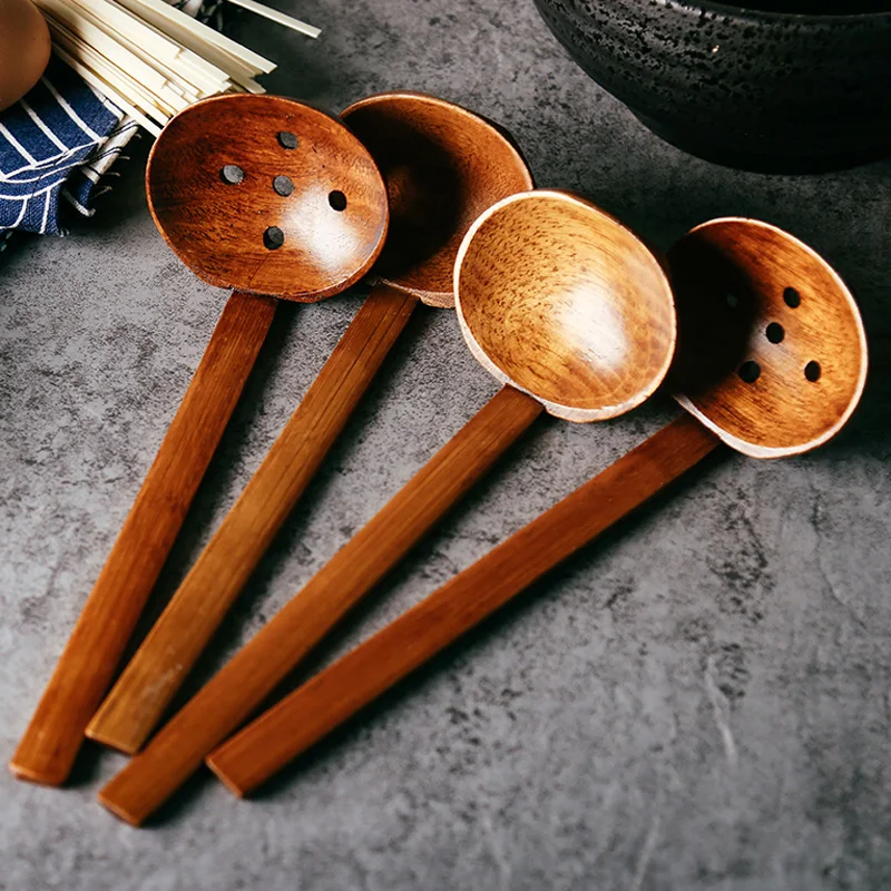 4pcs Wooden Spoons Large Wood Spoon Set Japanese Style Ramen Soup Ladle
