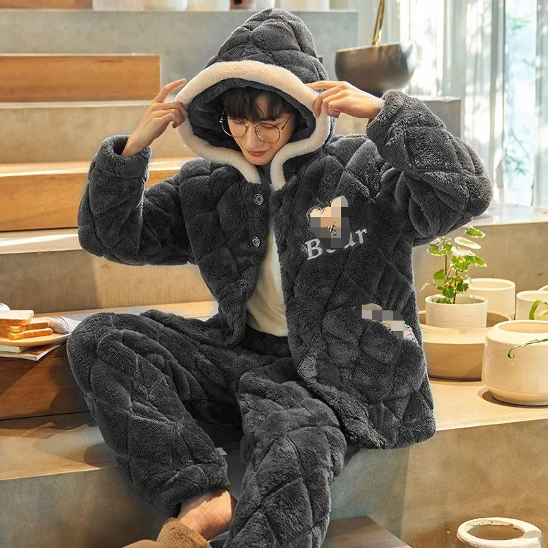 Hooded Pajamas Male Wintertime Extremely Thick Warm Coral Fleece Three Layers of Cotton Flannel Loungewear Set Pajamas for Men