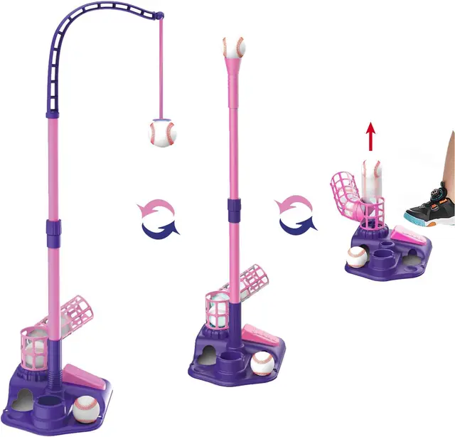 Ensemble Tee-ball Sécurisé S - 6 Balles + Machine Lancement Auto + Batte Réglable - Jeu Extérieur 3-12 Ans Kit Baseball Enfant