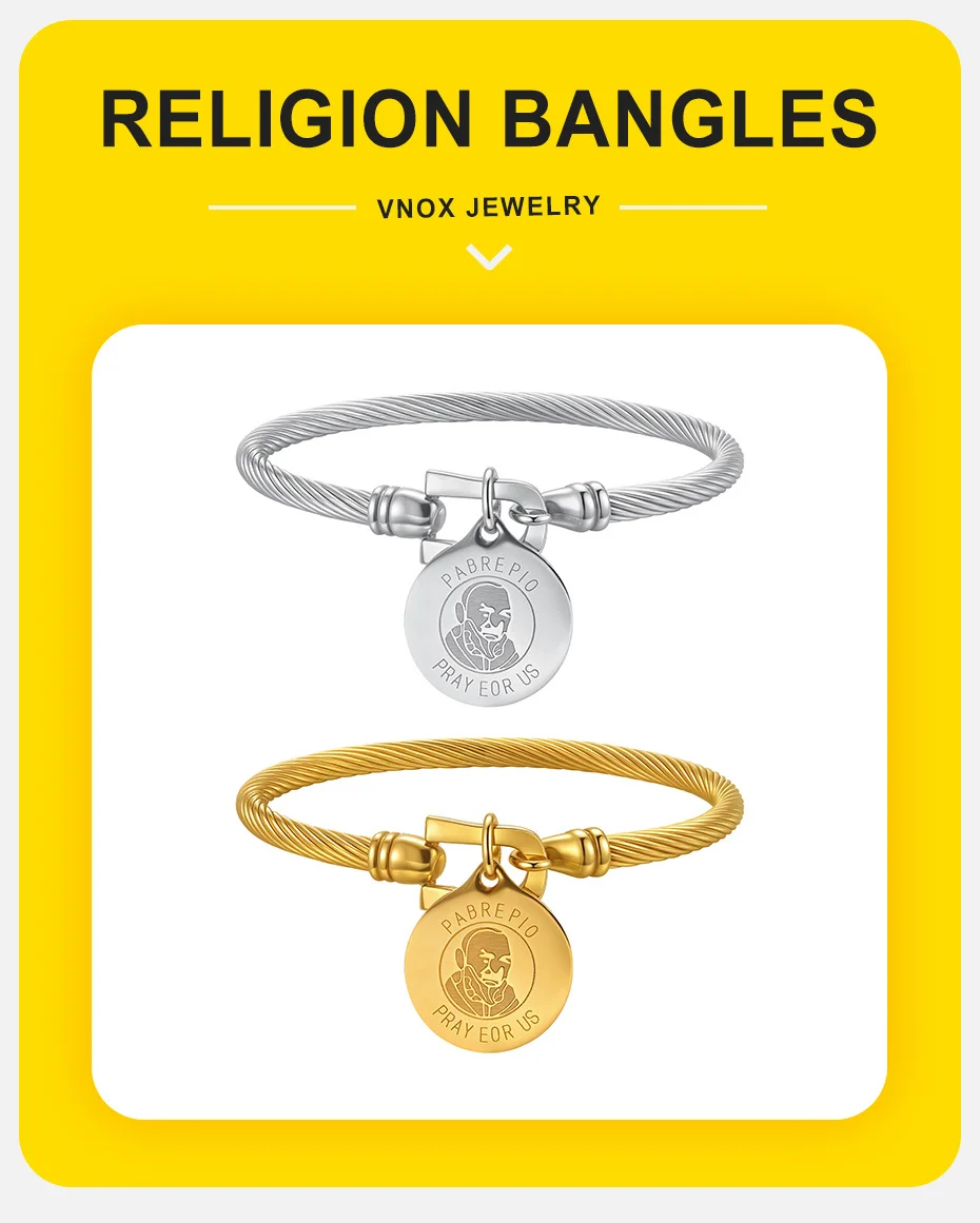 Vnox Einzigartige Edelstahl-Armbänder für Damen und Herren, Padre Pio katholischer Heiliger, runde Accessoire-Armreifen, religiöses Schmuckset, Geschenke – Detail 2