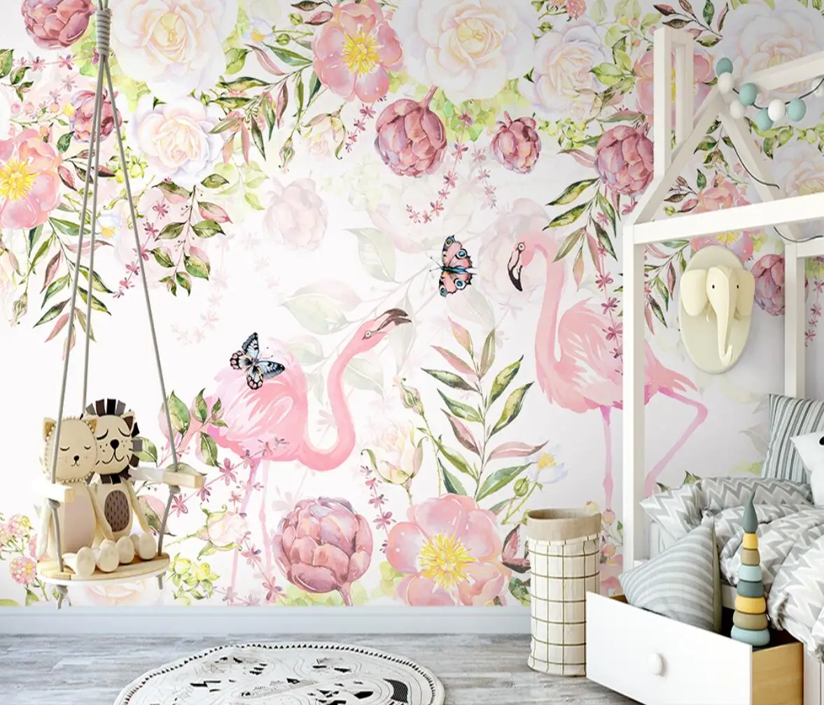 

beibehang Custom 3d wallpaper mural hand painted Nordic pastoral flower flamingo sofa TV background wall papier peint