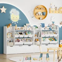 Toy Storage Organizer with Movable Drawers,Bookshelf and Bookcase with 6 Plastic Bins&Storage Cubbies,Toy Chest with Wheels 2