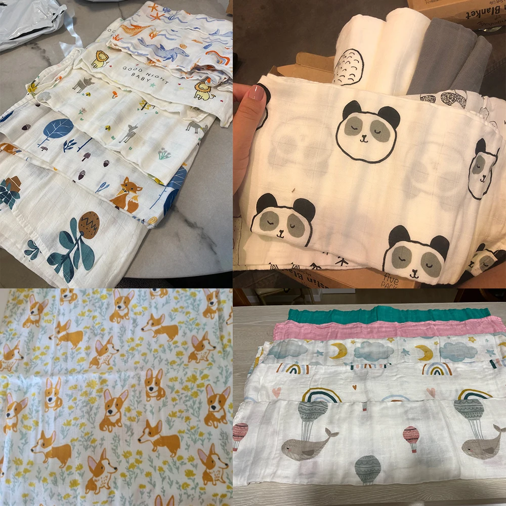 Multi-Functional Bamboo Cotton Muslin Blanket Baby Burp Cloth Set 5 Pieces Pack