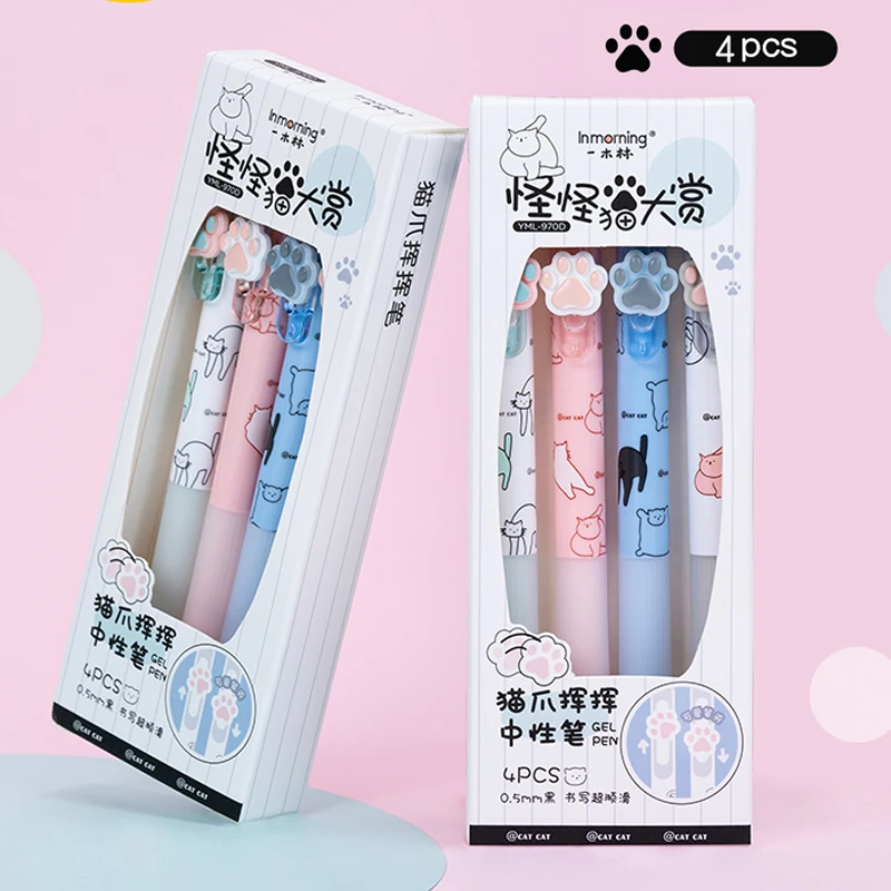 4 Pcs/Set Creative Cat Cartoon Gel Pen Cute School Student 0.5mm Black Smooth Writing Ink Pens Office Signature Stationery