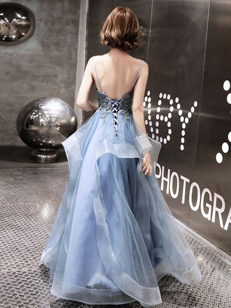 U426 New Sexy Black Grey Blue Long Evening Prom Dresses Banquet Party Ball Prom Dresses Woman Formal Gown Tiered Party Dress